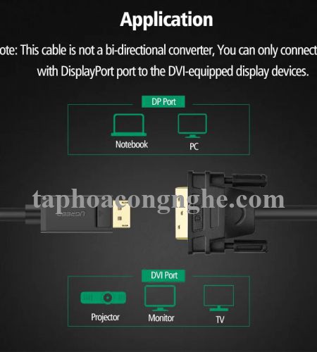 Ugreen 10222 3M màu Đen Cáp chuyển đổi DP sang DVI 24 + 1 Hỗ trợ độ phân giải 1920x1201 DP103 30010222